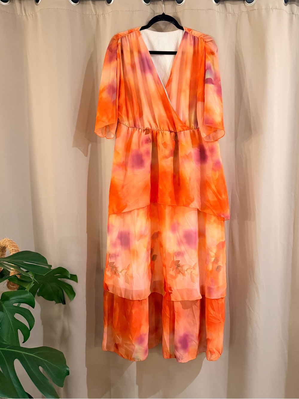 Source Unknown Orange and Pink High-Low Tiered Midi Dress